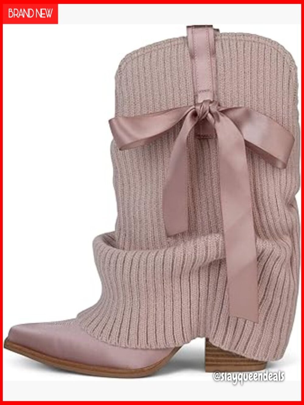Knitted Cowgirl Boots Fold Over Slouch Western Mid Calf Booties Chunky Heel